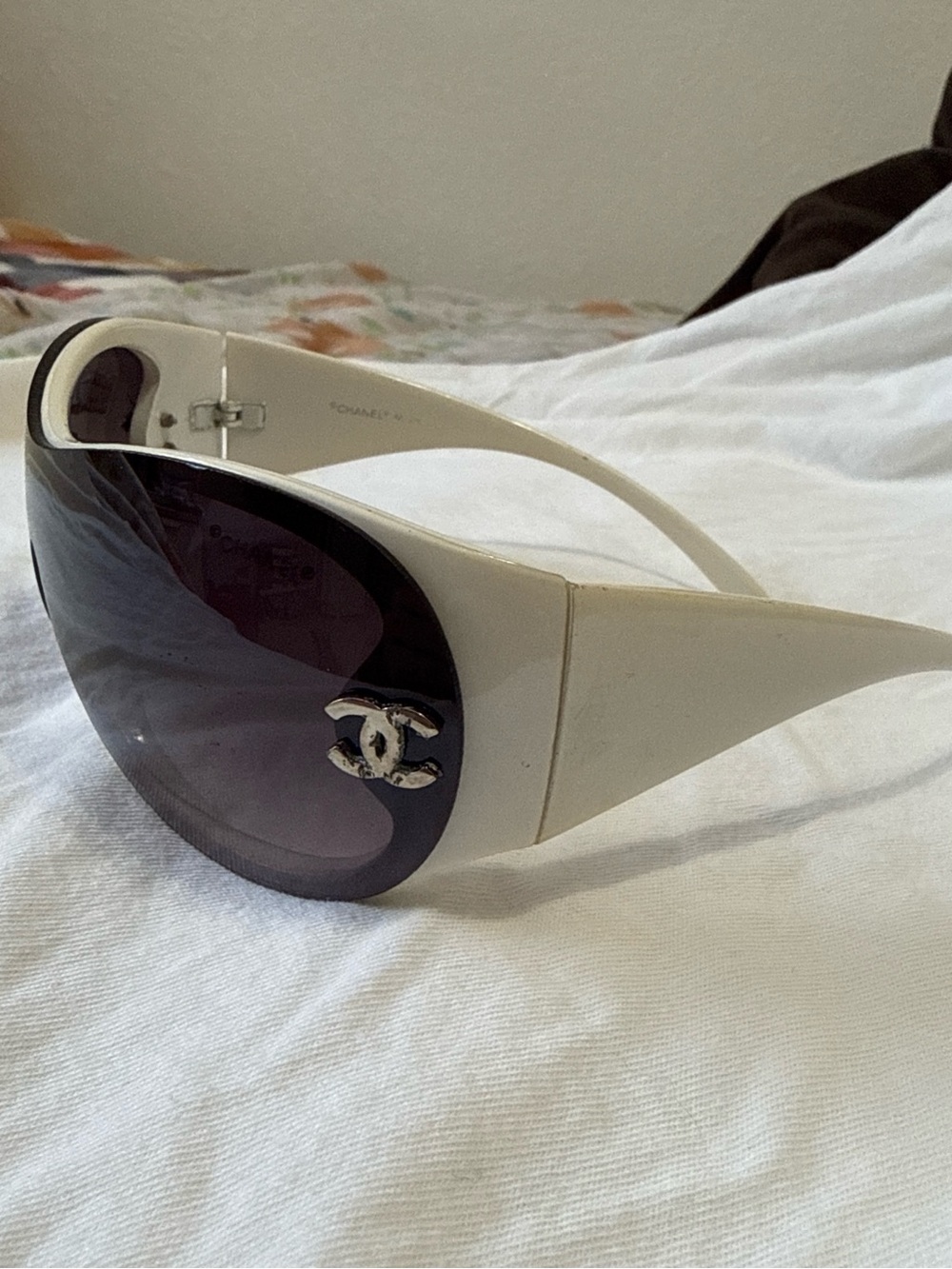 Chanel 2004 White Shield Sunglasses with Dark Lenses